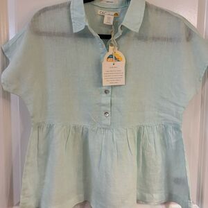 Light Green 100% Linen Peplum Button Down Shirt XS NWT